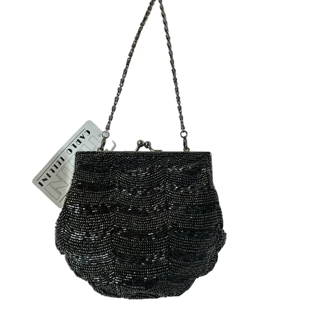 Carlo Fellini Black Formal Evening Bag Detailed Beadwork Clutch w  Chain NWT